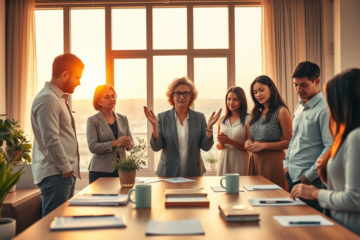 A peaceful gathering of individuals concluding a meeting with a prayer, expressing gratitude and seeking guidance.