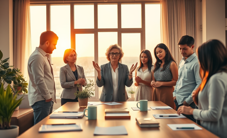 A peaceful gathering of individuals concluding a meeting with a prayer, expressing gratitude and seeking guidance.