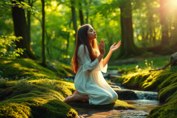 A person praying in a serene landscape, seeking divine connection.