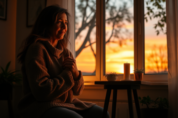 A serene sunset with a person in quiet reflection, representing a last prayer to end the day with gratitude.