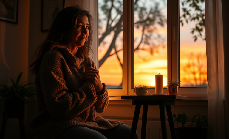 A serene sunset with a person in quiet reflection, representing a last prayer to end the day with gratitude.