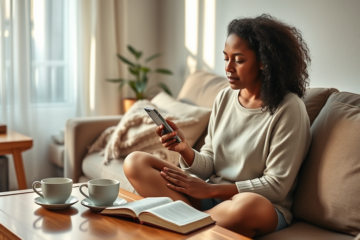 A person praying with the Daily Prayer App on their phone, symbolizing hope and spiritual connection.