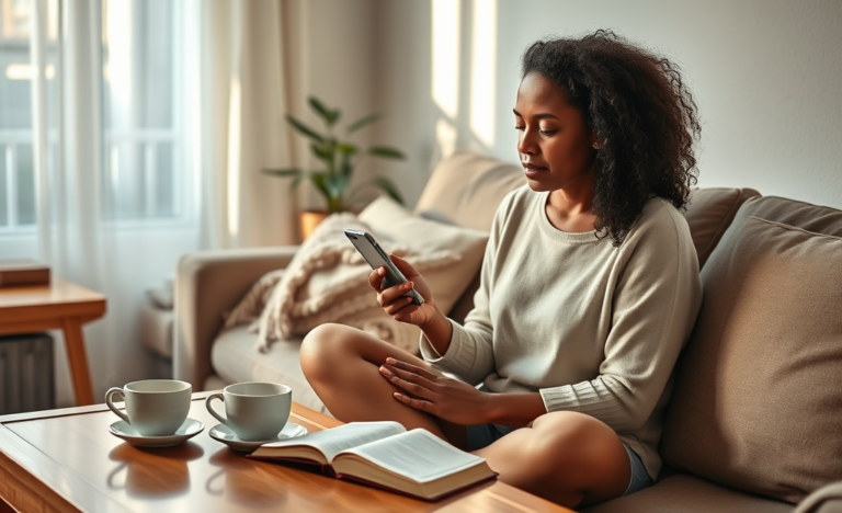 A person praying with the Daily Prayer App on their phone, symbolizing hope and spiritual connection.