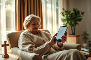 A serene image representing daily prayer and spiritual renewal with the app interface visible.