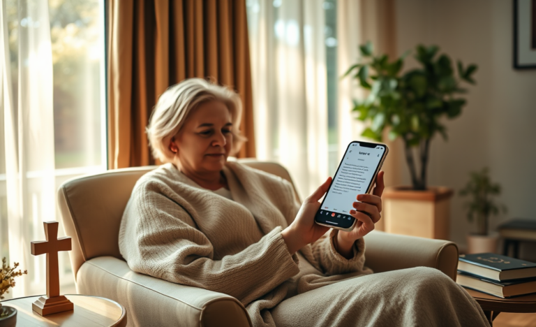 A serene image representing daily prayer and spiritual renewal with the app interface visible.