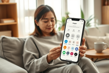 A serene image depicting a person engaging in daily prayer using a mobile app for peace.