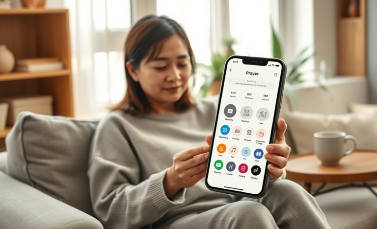 A serene image depicting a person engaging in daily prayer using a mobile app for peace.