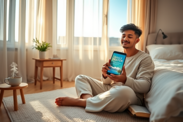 A serene image depicting a person in prayer with a mobile app interface showcasing Daily Prayer features.