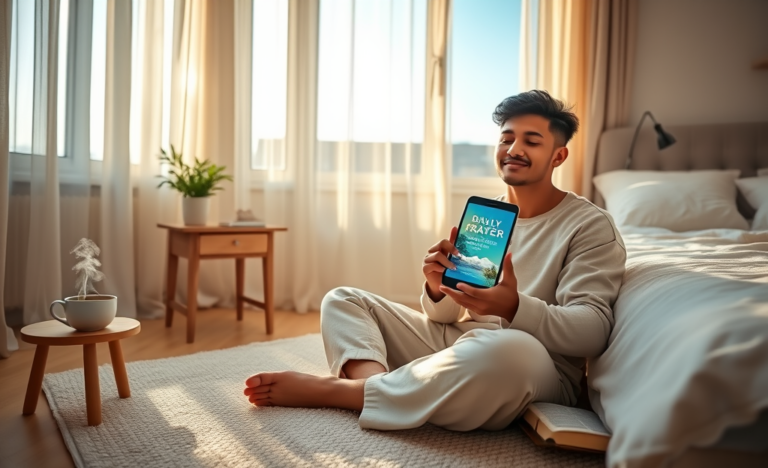 A serene image depicting a person in prayer with a mobile app interface showcasing Daily Prayer features.