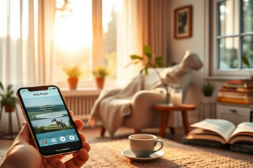 A serene image depicting a person using a prayer app for daily reflection and calmness.