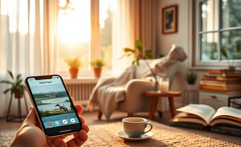 A serene image depicting a person using a prayer app for daily reflection and calmness.