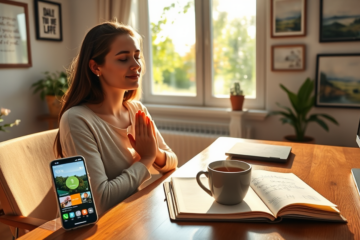 Person using a Daily Prayer app for moments of gratitude.