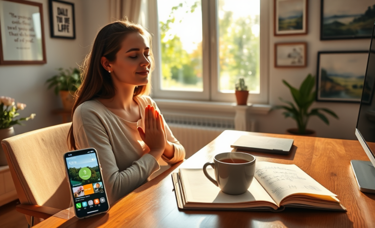 Person using a Daily Prayer app for moments of gratitude.